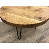 Eiche, runde Tischplatte, verleimt Ø 60cm, Stärke 3 cm mit Fase, mit Hairpin Füßen in schwarz-anthrazit, geölt 